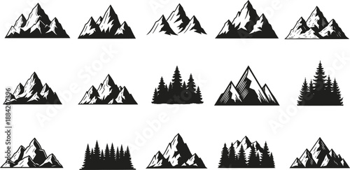Set of black and white mountain and forest landscape icons, hand drawn style vector illustrations