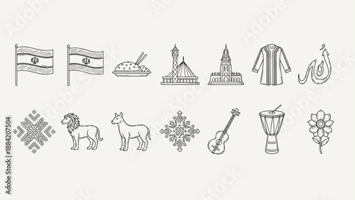 Collection of Iranian cultural symbols and landmarks in a simple line art style