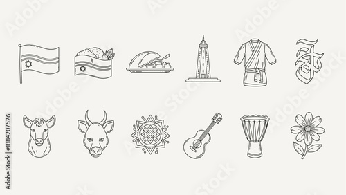 Namibian cultural symbols and landmarks in a clean line art icon set