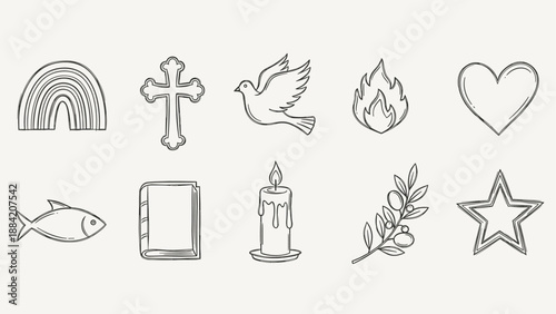Collection of hand-drawn religious and spiritual symbols in a simple line art style