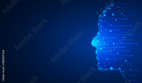 Silhouette of human face made of star cluster and flying binary code numbers. Artificial intelligence, neural network concept. Vector illustration