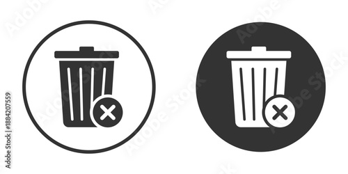 Circular trash can icons with delete overlays in black and white. Minimal vector design for UI, app interfaces, and digital platforms. Ideal for modern user experience and web tools.