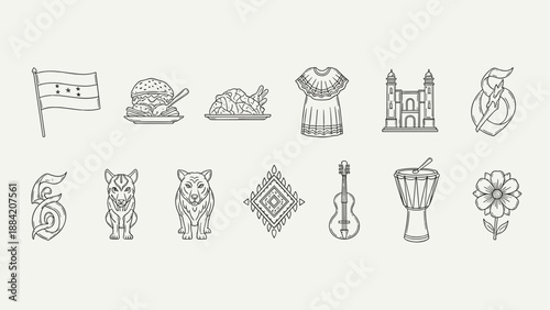 Honduras cultural symbols and icons in a simple line art style