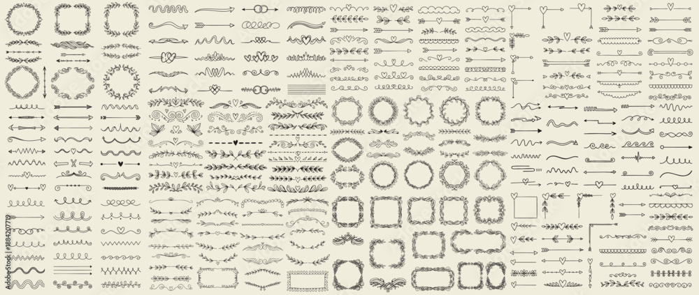 Obraz premium Hand drawn dividers and frames collection. Decorative calligraphic design elements set. Vector ornamental borders, flourishes for wedding invitations, certificates, and text decoration.