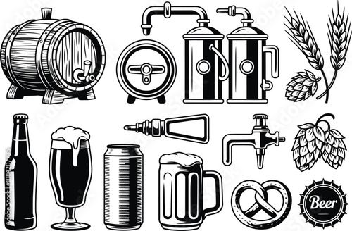 Black and white beer brewing and drinking with various 1