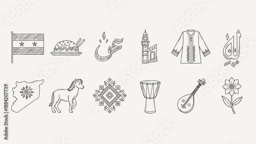 Black and white Syria cultural icons with food, clothing, mosque, calligraphy, animals, and music.