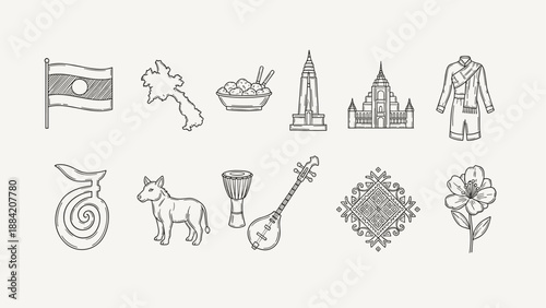 Laos cultural icons and symbols collection in a hand-drawn sketch style