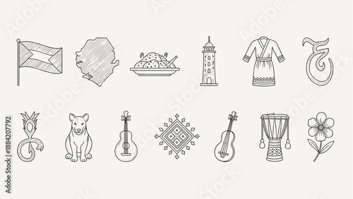 Collection of hand-drawn icons representing culture, landmarks, and symbols from Sierra Leone