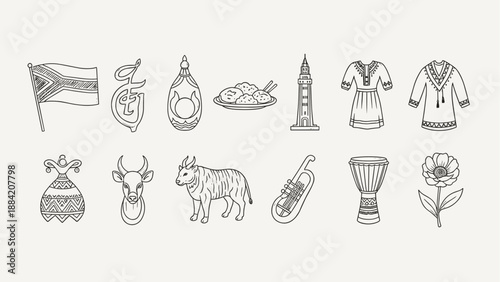 Collection of hand-drawn cultural symbols and objects from various regions