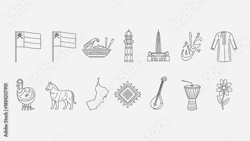 Oman cultural icons collection with flags, landmarks, food, animals, and traditional elements