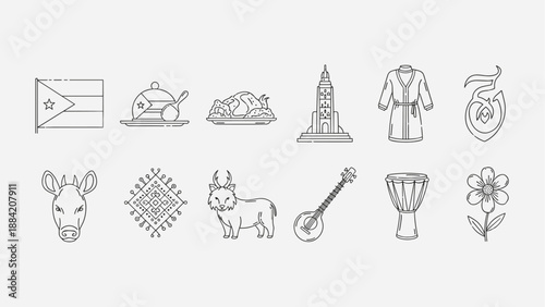 Collection of diverse cultural icons including a flag, food, architecture, clothing, and musical instruments