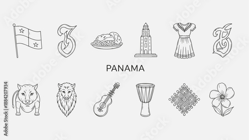 Panama cultural symbols and landmarks in a simple line art illustration
