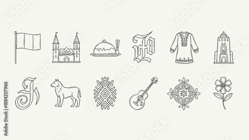 Collection of stylized icons representing Irish culture and heritage, including symbols and landmarks