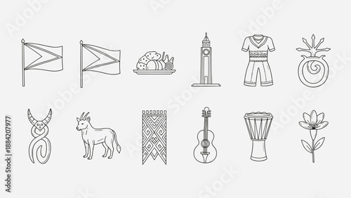 Collection of line art icons representing cultural symbols and elements from Guyana