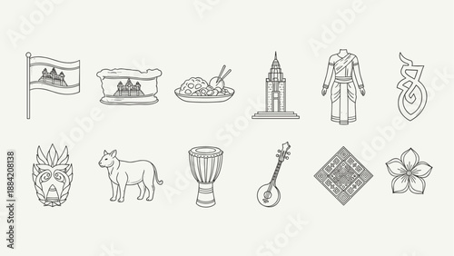 Cambodia cultural icons collection with flag, Angkor Wat, food, traditional clothing, and music