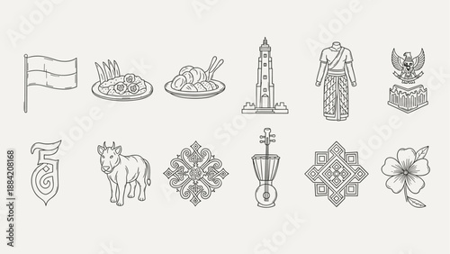 Collection of Indonesian cultural symbols and landmarks in a minimalist line art style