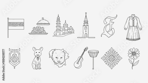 Collection of Lithuanian cultural symbols and landmarks in a simple line art style