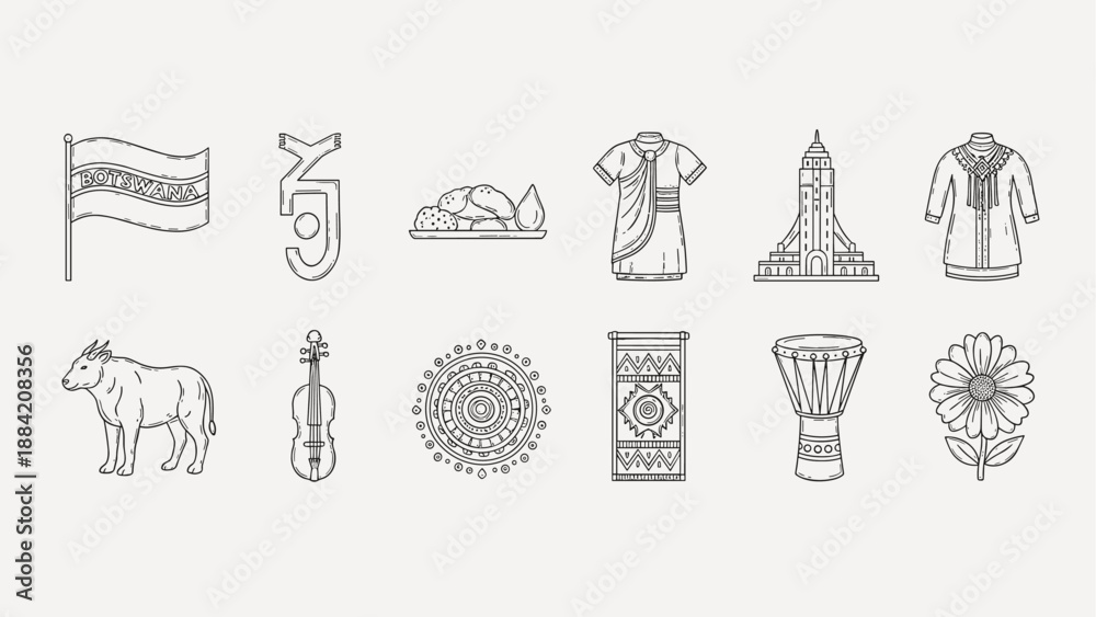 Fototapeta premium Botswana cultural symbols and landmarks in a line art collection