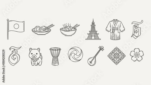 Collection of Japanese cultural icons and symbols in a clean line art style