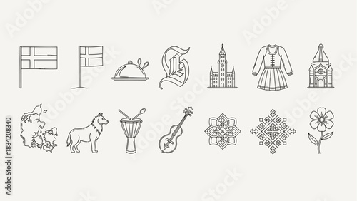Collection of Scandinavian cultural icons and symbols in a simple line art style