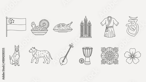 Collection of Singaporean cultural icons and symbols in a clean line art style