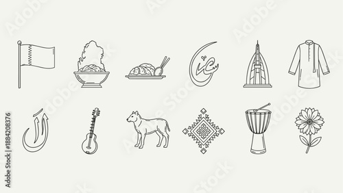 Collection of Middle Eastern cultural icons and symbols in a minimalist line art style