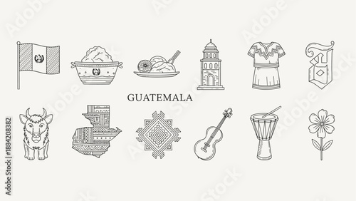 Collection of hand-drawn icons representing Guatemala's culture and landmarks