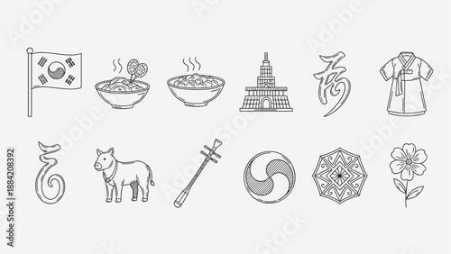 Collection of Korean cultural icons and symbols in a simple line art style