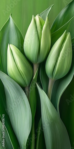 Lush Green Garden Delight with Three Elegant Emerald Tulips A Spring Freshness Portrait Captured