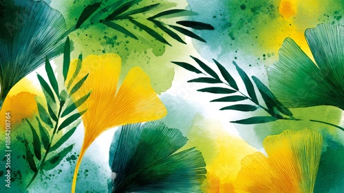 Watercolor ginkgo and palm leaves creating abstract nature background