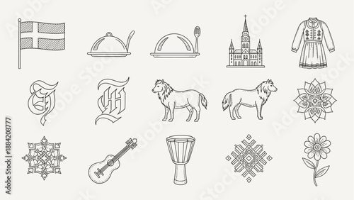 Collection of diverse line art icons representing culture, nature, and objects