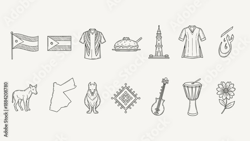 Collection of Jordanian cultural symbols and landmarks in a hand-drawn sketch style