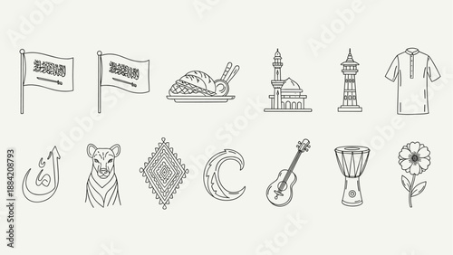 Saudi Arabia cultural icons and symbols collection, vector line art illustration