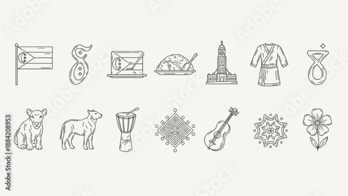 Collection of stylized icons representing cultural elements and symbols