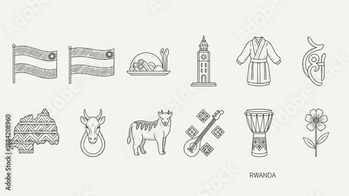 Collection of Rwandan cultural symbols and landmarks in a sketch art style