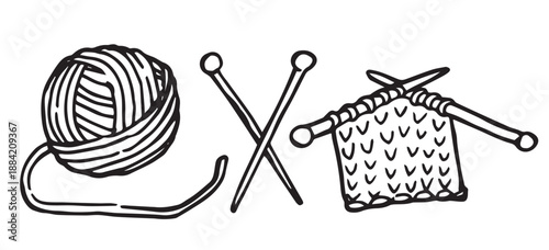 A ball of yarn and knitting needles. A set of doodle illustrations.