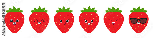 Cartoon strawberry set, cute and fun character, beautiful berry, happy smiling face, big eyes, emotions joy delight, kawaii style, icon vector children's illustration.