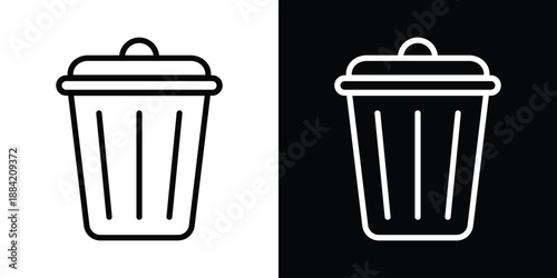 Minimalist trash can icons in black and white, ideal for UI design, app interfaces, and digital platforms. Clean vector style with lid and vertical lines symbolizing delete or remove functions.