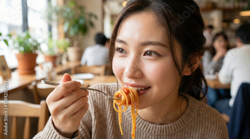 ニットを着て幸せそうにパスタを頬張る女性・カフェでのひととき