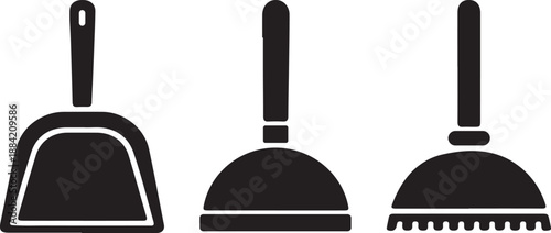  Three black cleaning tools dustpan plunger and toilet brush