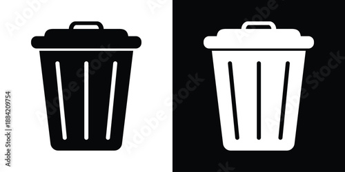 Minimalist trash can icons in black and white, ideal for UI design, app interfaces, and digital platforms. Clean vector style with lid and vertical lines symbolizing delete or remove functions.