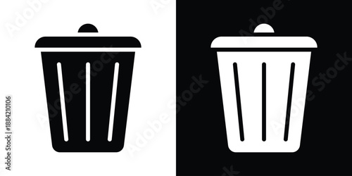 Minimalist trash can icons in black and white, ideal for UI design, app interfaces, and digital platforms. Clean vector style with lid and vertical lines symbolizing delete or remove functions.