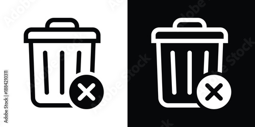 Minimal trash can icons with delete symbol overlays in black and white. Ideal for UI design, app interfaces, and digital platforms. Clean vector style for modern user experience visuals.