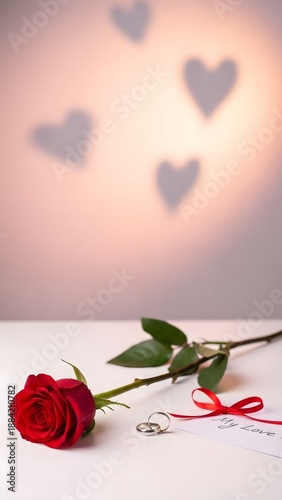 A single red rose, wedding rings, and a small love note lie near heart shadows on a pale surface for romance.