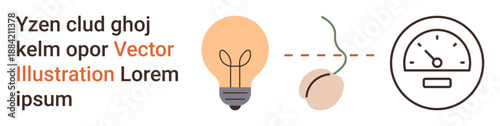 Innovation, energy flow, education, creativity, conceptual diagrams, science visuals. Light bulb, connecting wire and gauge meter icons. Innovation and energy flow concept