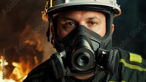 Firefighter in a protective mask and helmet during his work. A raging flame behind him. Helmeted firefighter confronts blaze with focus and protection.