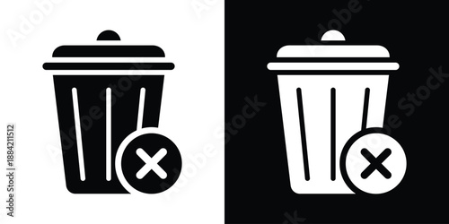 Minimal trash can icons with delete symbol overlays in black and white. Ideal for UI design, app interfaces, and digital platforms. Clean vector style for modern user experience visuals.