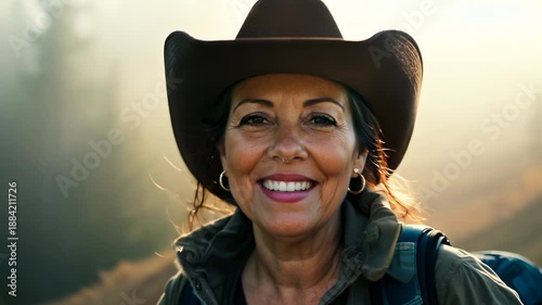 Middle aged Caucasian female hiker in a cowboy hat in a mountain forest looking at camera and smiling. The female hiker stops briefly in the mountain forest, cowboy hat shading her face from the sun.