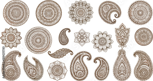 Decorative paisley and mandala floral vector elements set in ethnic boho style for design and decoration