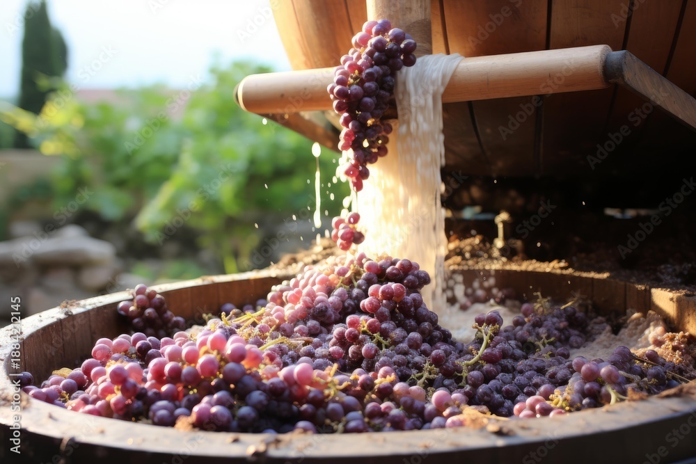 Fototapeta premium Ripe grapes are pouring into a vintage press, crushing for fresh juice